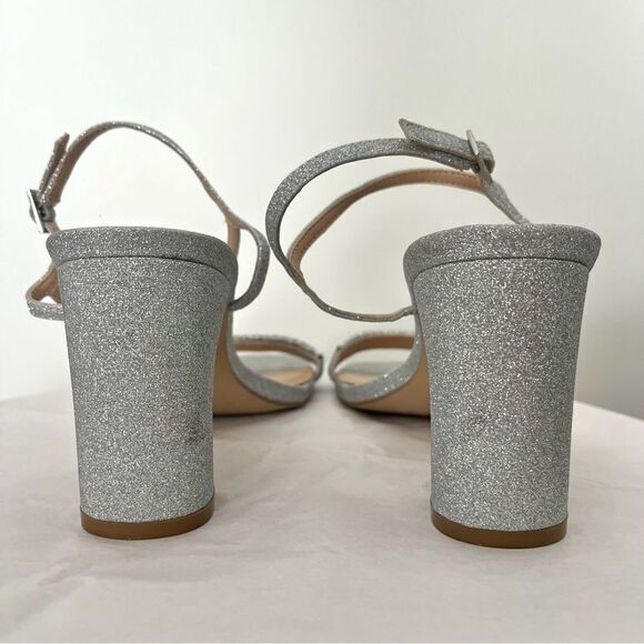 Jewel Badgley Mischka Silver Glitter Open Row Ankle Strap Sandal Heels 8.5 NWOB - Picture 3 of 10